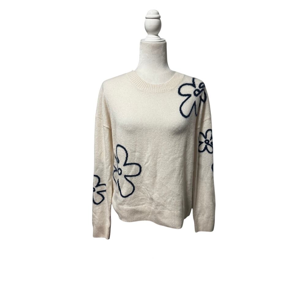 Cynthia Rowley 100% 2-Ply Cashmere Crewneck Sweater Cream Navy Doodle Flower (L)